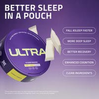 Angled Ultra sleep canister and two pouches, Honey Lemon flavor, with headline Better Sleep In A Pouch on purple background