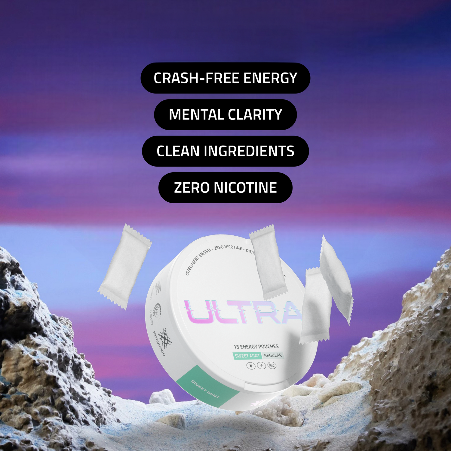 Angled Ultra energy pouches tin with sachets; overlay: Crash-free energy, Mental clarity, Clean ingredients, Zero nicotine