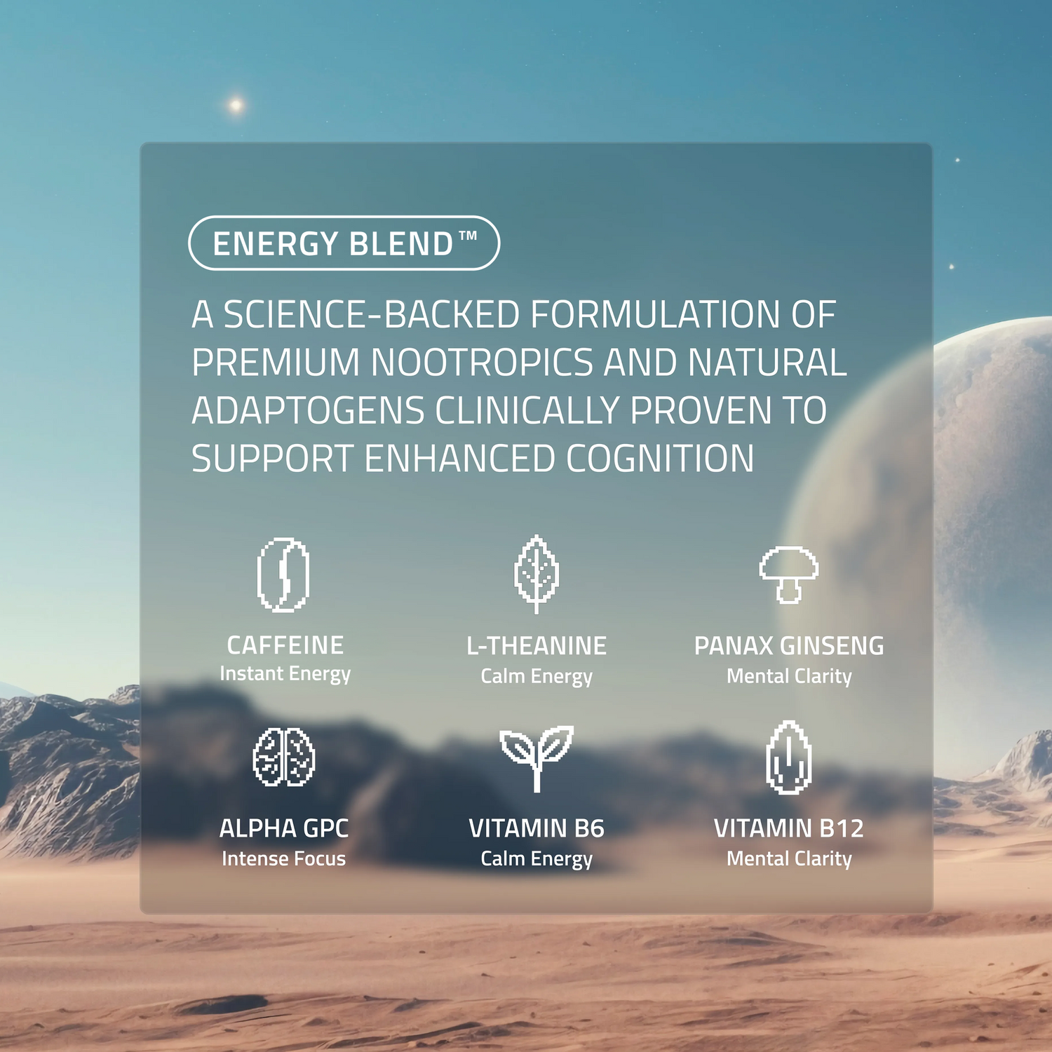 Text graphic showing Energy Blend and six ingredients with claimed effects: caffeine, L-theanine, panax ginseng, alpha GPC, vitamin B6, B12