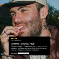Bearded man eating an energy pouch, testimonial overlay: GUILT FREE ENERGY IN A POUCH with 4.92/5 rating