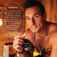 Man in a sauna holding an Ultra sleep pouch can with a 5-star quote I do really love them, Todd Anderson, Dream Recovery