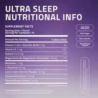 Supplement facts panel showing Ultra Sleep ingredients including Melatonin 1 mg and L-Theanine 50 mg with callouts for zero sugar and zero calories