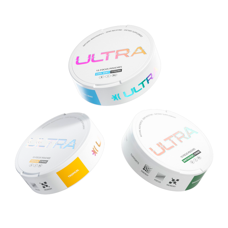 Angled view of three ULTRA pouch tins showing holographic logo and colored flavor bands on white background