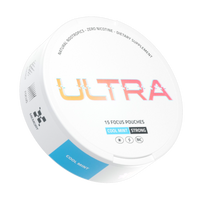 Angled view of Focus Pouches can in Cool Mint flavor showcasing Ultra logo and flavor label on white background