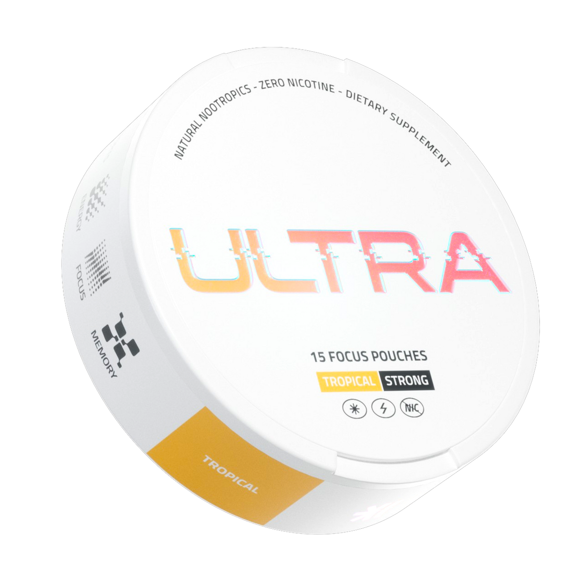 Angled view of Focus Pouches Ultra Pouches tin in Tropical flavor showcasing white can with ULTRA logo on transparent background