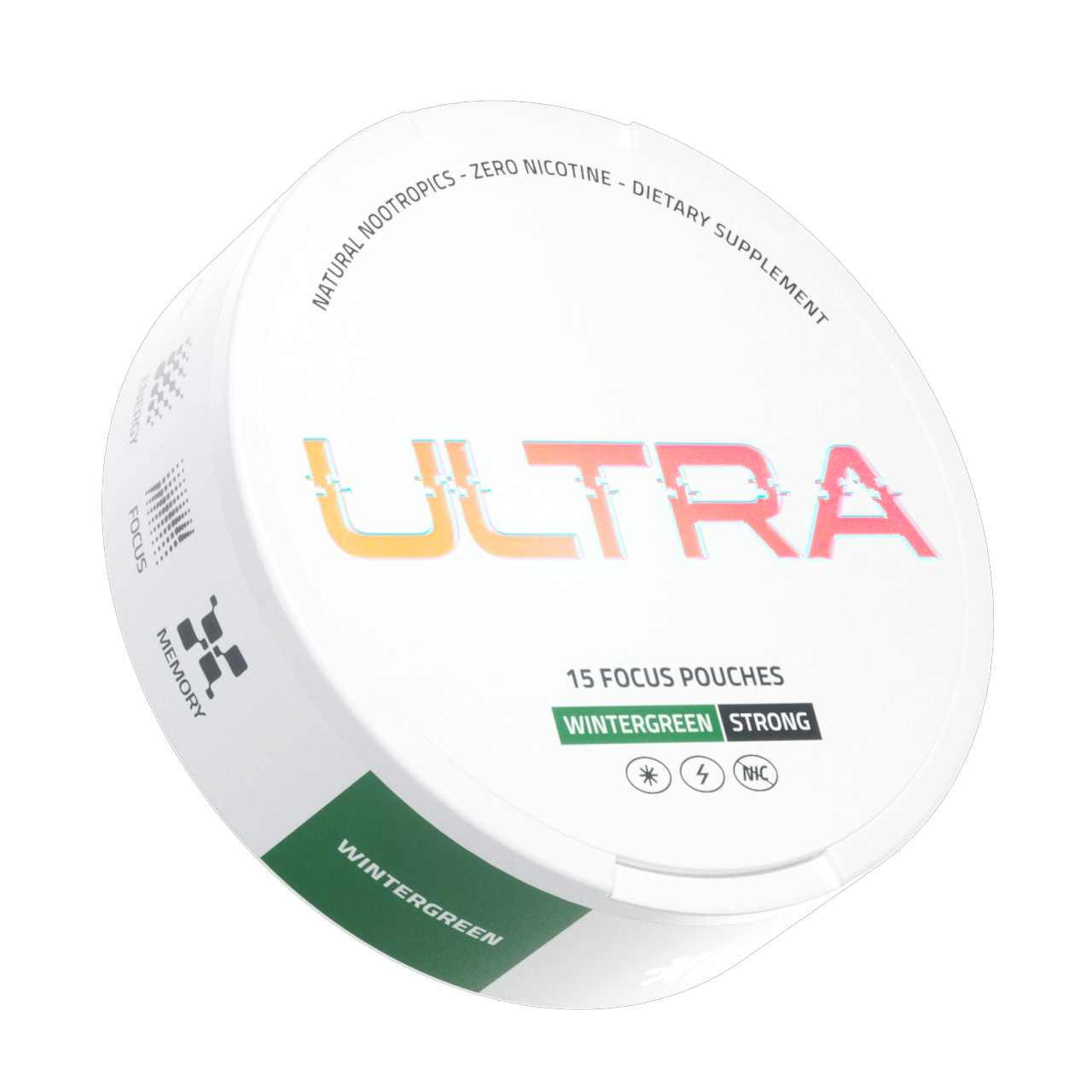 Angled view of Ultra Focus Pouches tin showing Wintergreen label, ‘15 focus pouches’ text and green accent on white
