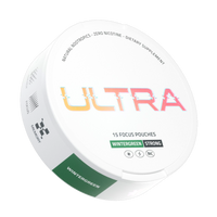 Angled view of Ultra Focus Pouches tin showing Wintergreen label, ‘15 focus pouches’ text and green accent on white