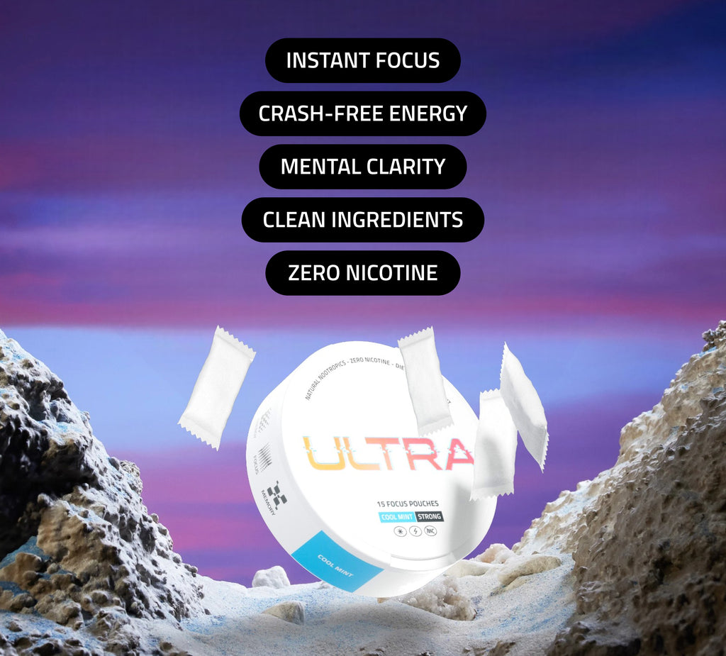 Angled Ultra pouch tin, sachets, and badges reading Instant Focus, Crash-Free Energy, Mental Clarity, Clean Ingredients, Zero Nicotine