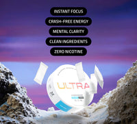 Angled Ultra pouch tin, sachets, and badges reading Instant Focus, Crash-Free Energy, Mental Clarity, Clean Ingredients, Zero Nicotine