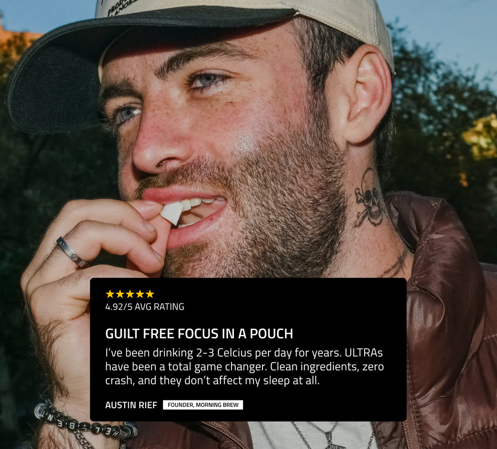 Man biting a white focus pouch piece, outdoor portrait with overlay reading GUILT FREE FOCUS IN A POUCH and 4.92/5 rating