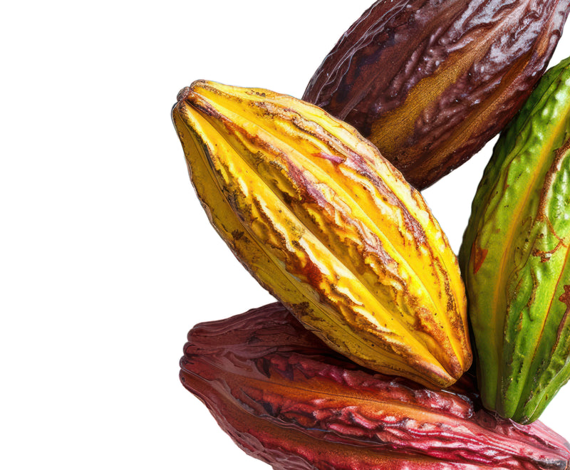 Close-up of cacao pods showing a yellow pod split open to reveal textured interior against a white background