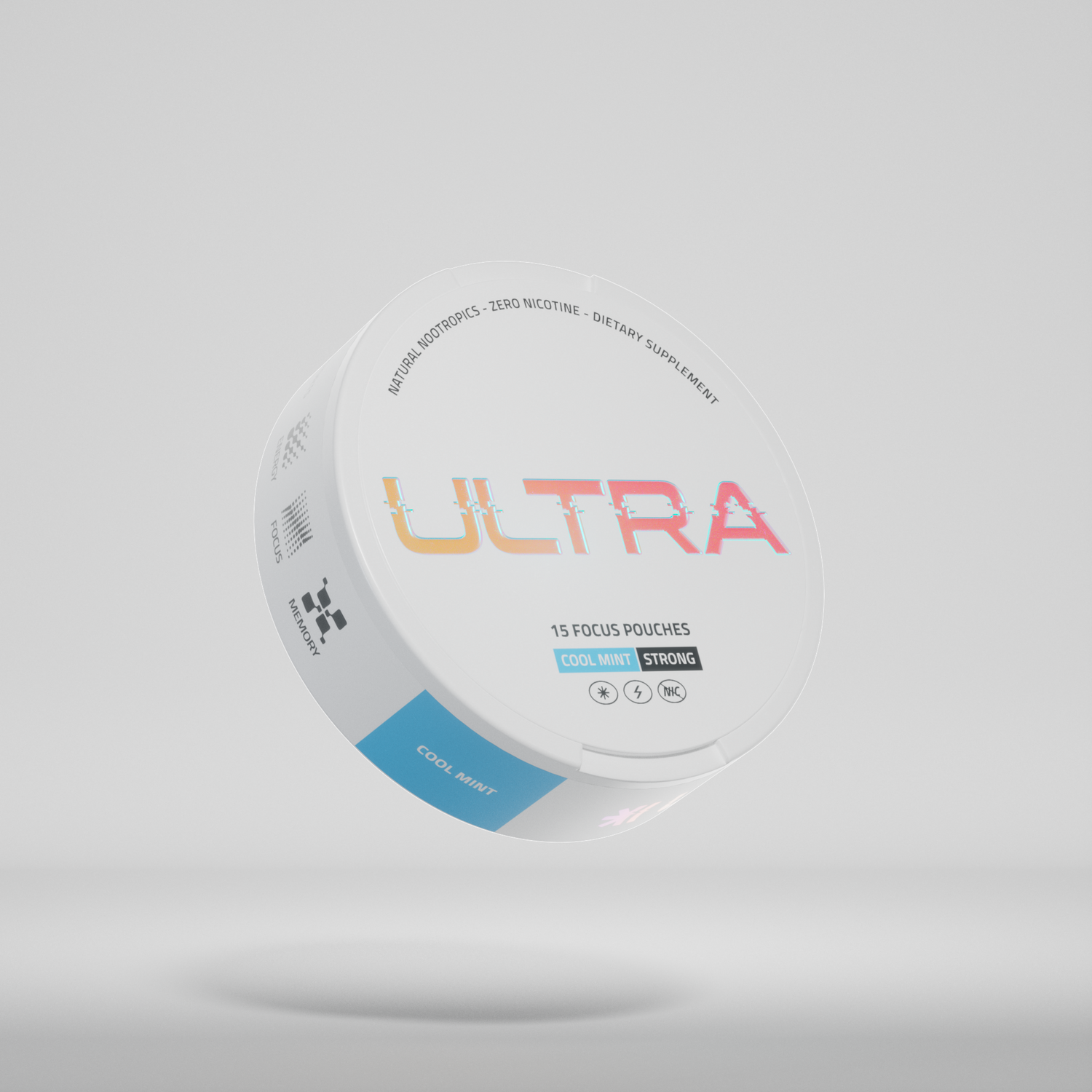 Angled top view of Ultra canister showing ULTRA logo, 15 pouches label and Cool Mint flavor on a soft gray background