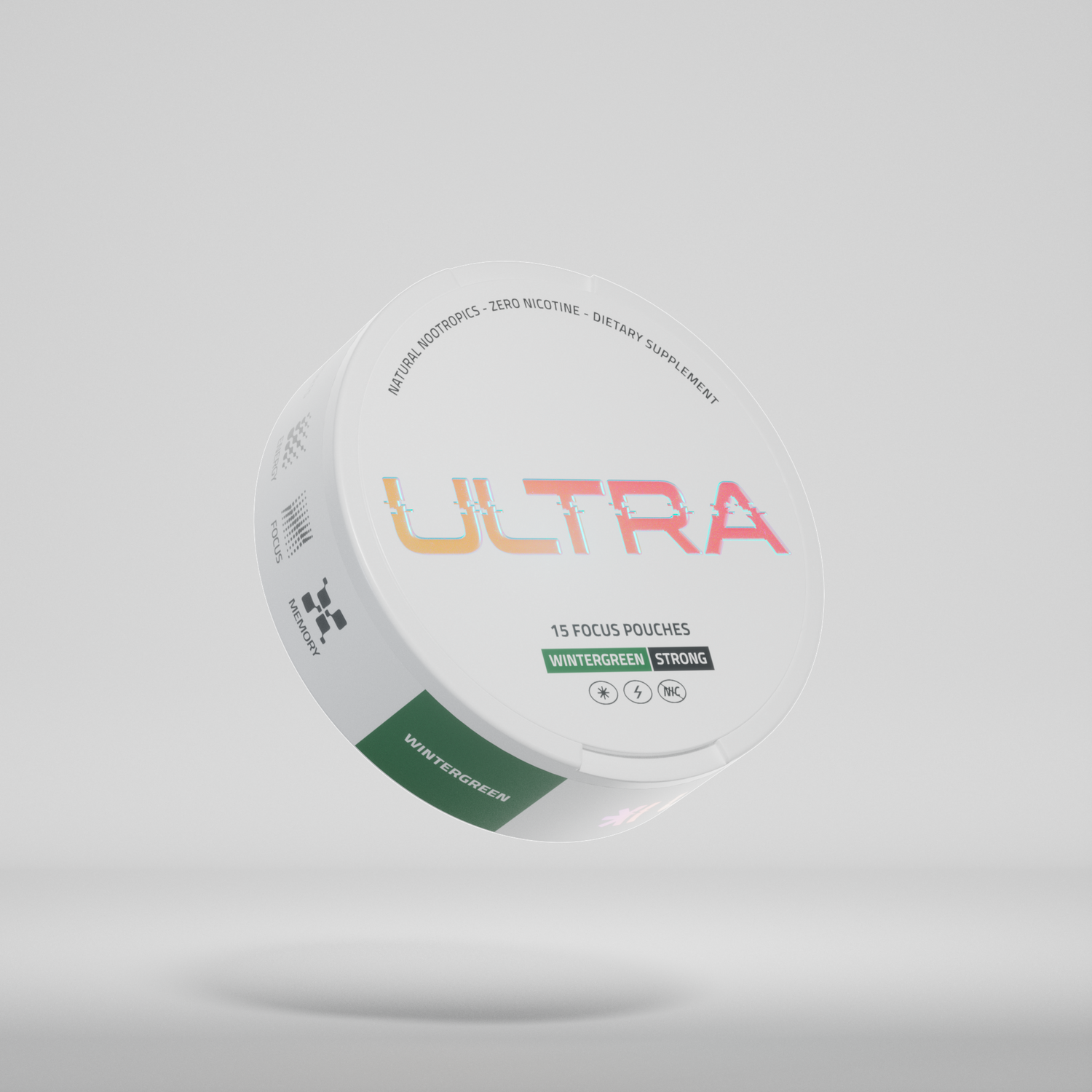 Angled view of Focus Pouches can showing ULTRA branding and Wintergreen Strong label on a plain light background