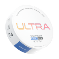 Top-down view of Ultra focus pouches can showing ULTRA logo, 15 focus pouches text, and Blue Razz flavor label on white background