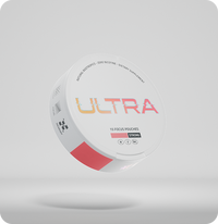 Angled top view of Focus Pouches canister showcasing ULTRA logo and label reading 15 Focus Pouches Strong with a light gray studio background